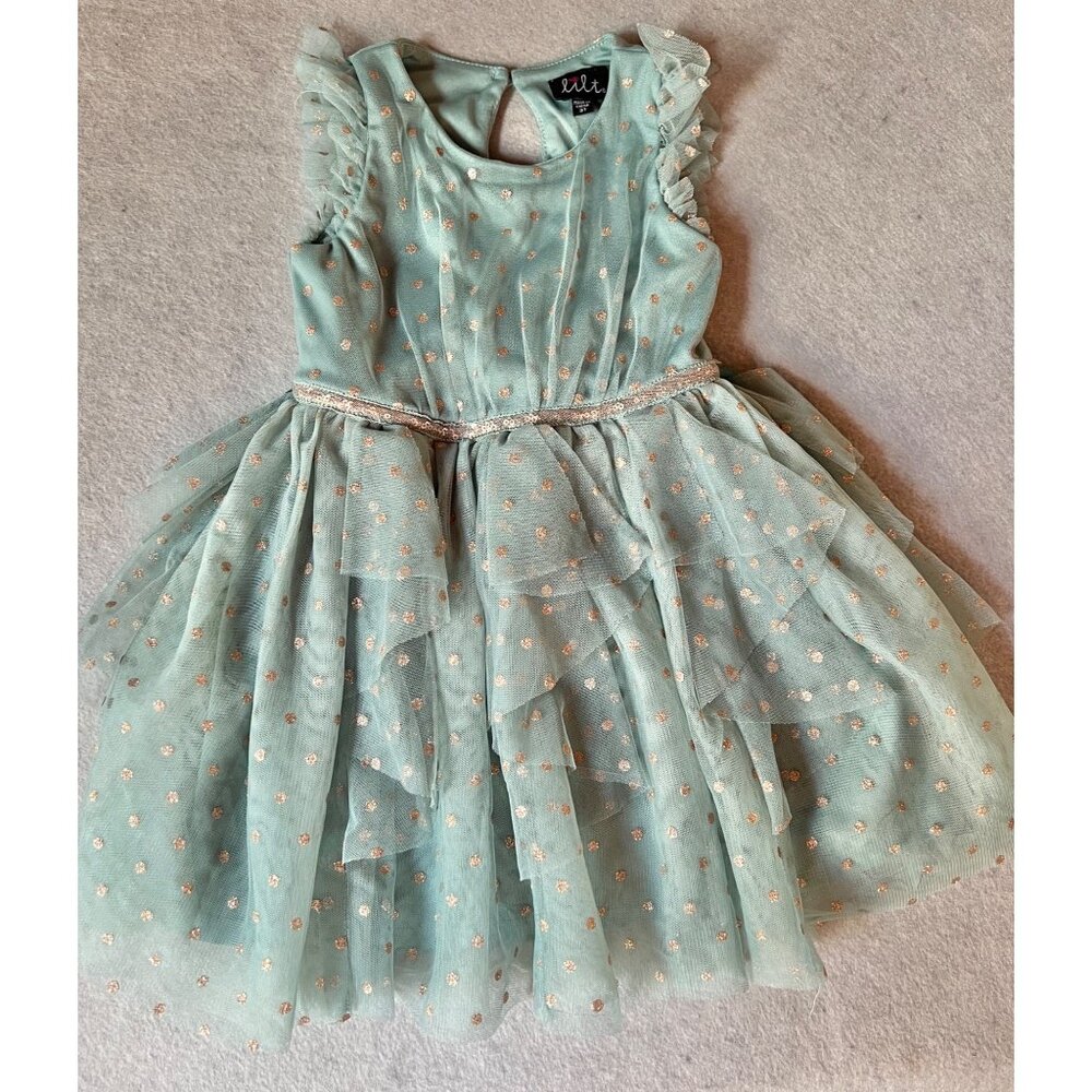 Lilt Girls 3T Green Blue Tulle Dress Silver Polka Dots & Waistband Ruffle Sleeve
